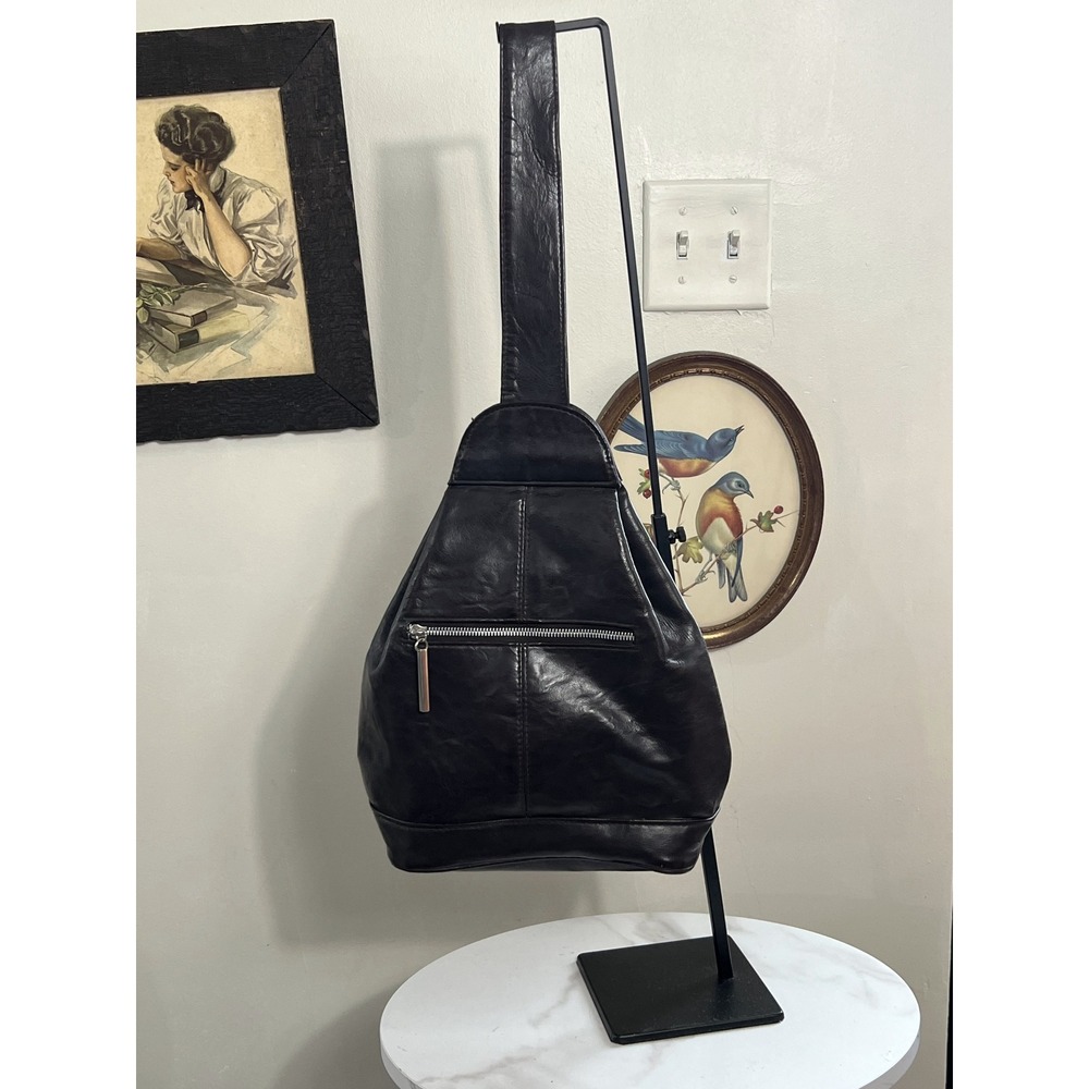 Vintage Chateau Simulated Leather Black Brown Sling Backpack Crossbody Bag